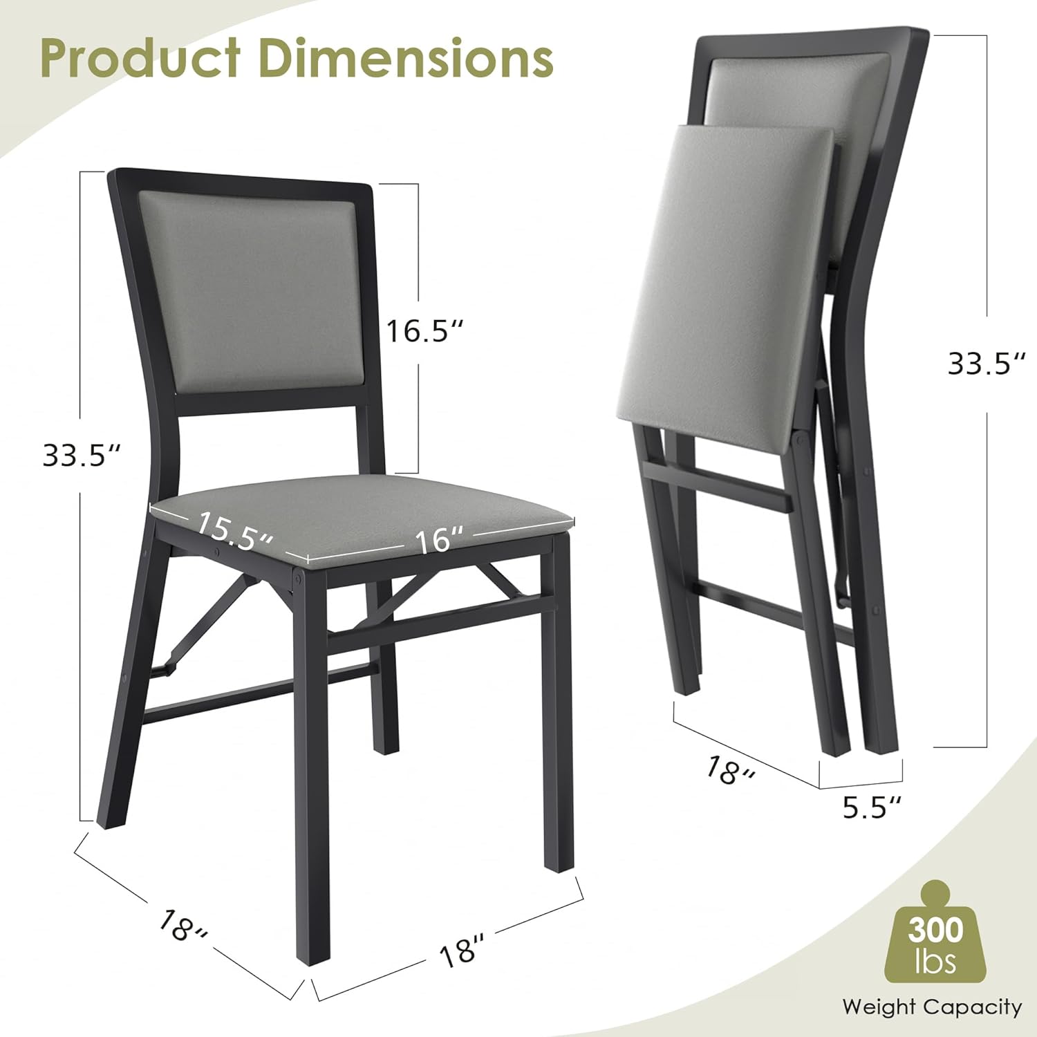 VECELO Folding Chairs Set of 4 with Cushion, Foldable Padded Seats with Heavy Duty Metal Frame for Kitchen/Dining/Living Room, No Assembly & Space Saving Design, Grey