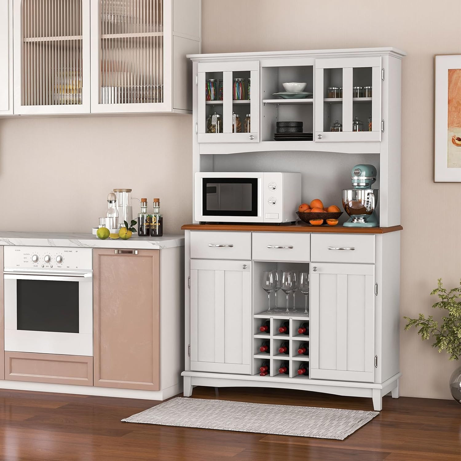 Moccha Kitchen Hutch with Storage, Farmhouse Buffet Cabinet Cupboard with Glass Doors, Drawers, Wine Rack, Adjustable Shelves, Pantry Storage Cabinet Sideboard for Living Room, Dining Room, White