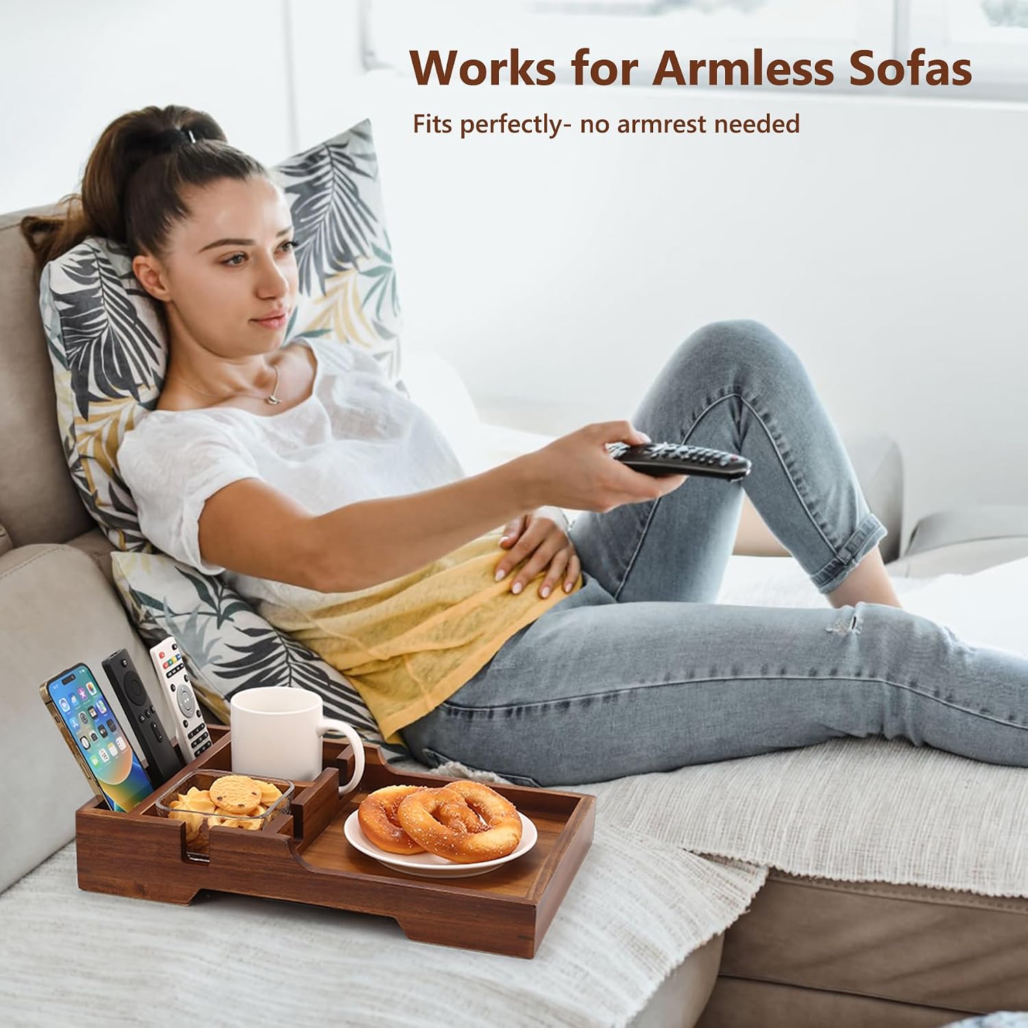 Couch Arm Table with Dual Cup Holders, Acacia Wood Sofa Arm Tray | Fits armless sofas & sectionals, foldable tray for drinks, snacks & remotes, storage slots for neat organization,15.35"x9.85"