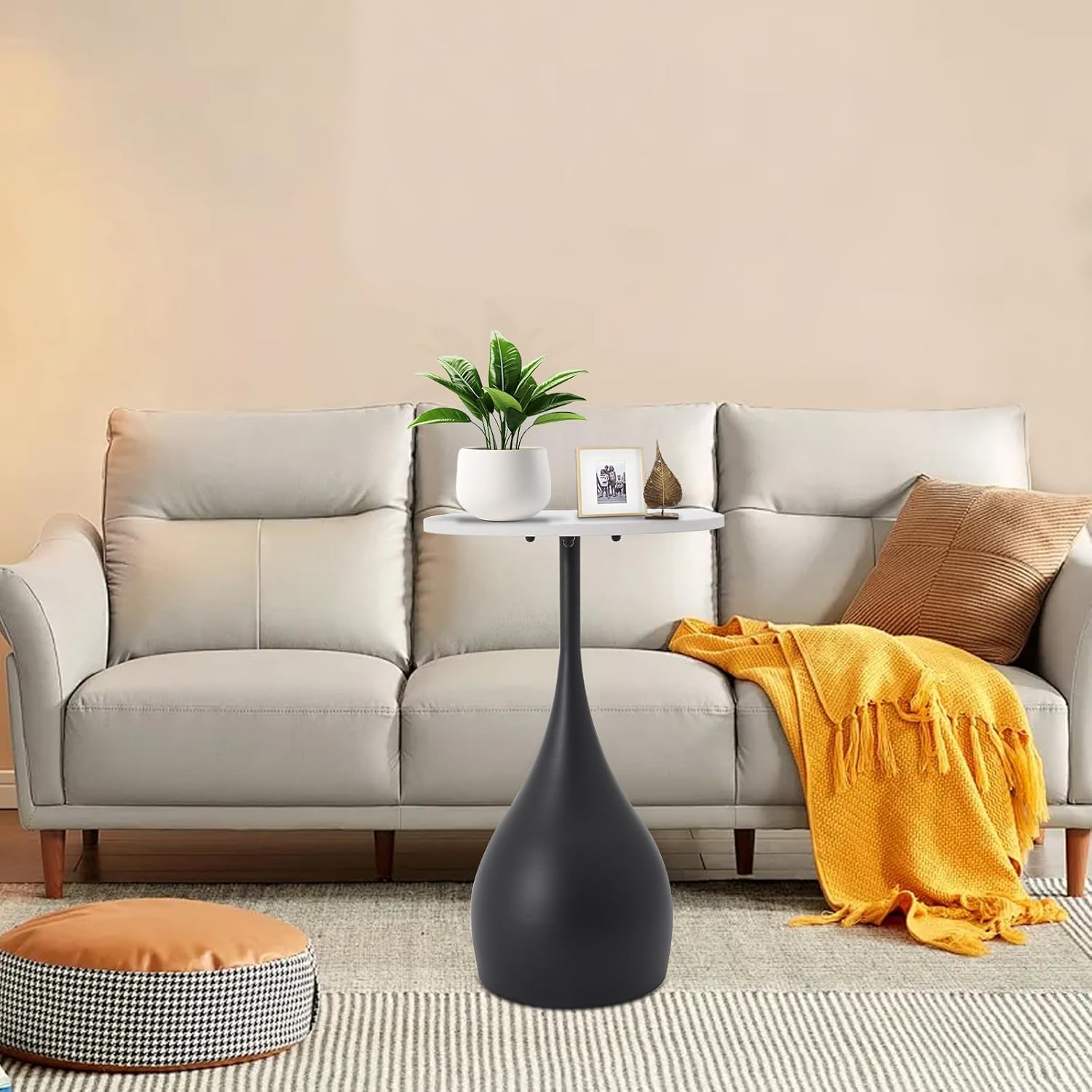 Small Sofa Side Table with Faux Marble Top, Round Accent Table Modern End Table Floor Coffee Table for Small Spaces Living Room