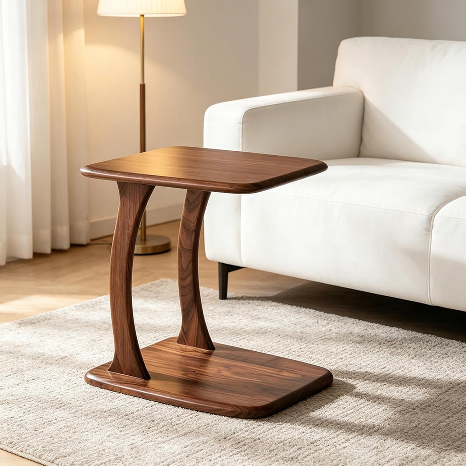 2-Tier C Shaped End Table, Wood Side Table TV Tray Table Couch Table that Slide Under for Small Space, Living Room, Bedroom
