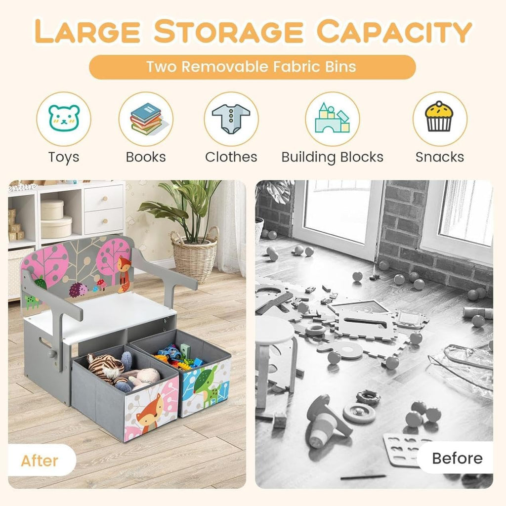 Byroce Kids Storage Bench with 2 Fabric Drawers, Multifunctional Toy Organizer Bench with T-Shaped Armrests, Convertible Activity Table and Chair Set for Playroom, Bedroom, and Nursery (Gray)