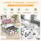 Byroce Kids Storage Bench with 2 Fabric Drawers, Multifunctional Toy Organizer Bench with T-Shaped Armrests, Convertible Activity Table and Chair Set for Playroom, Bedroom, and Nursery (Gray)