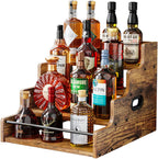 KLM Liquor Bottle Display Shelf, Coffee Syrup Rack Organizer, 4 Step Countertop Liquor Wine Rack, mini bar,liquor cabinet, Home Retro Bar Shelf Stand for Liquor Whiskey, (Brown)