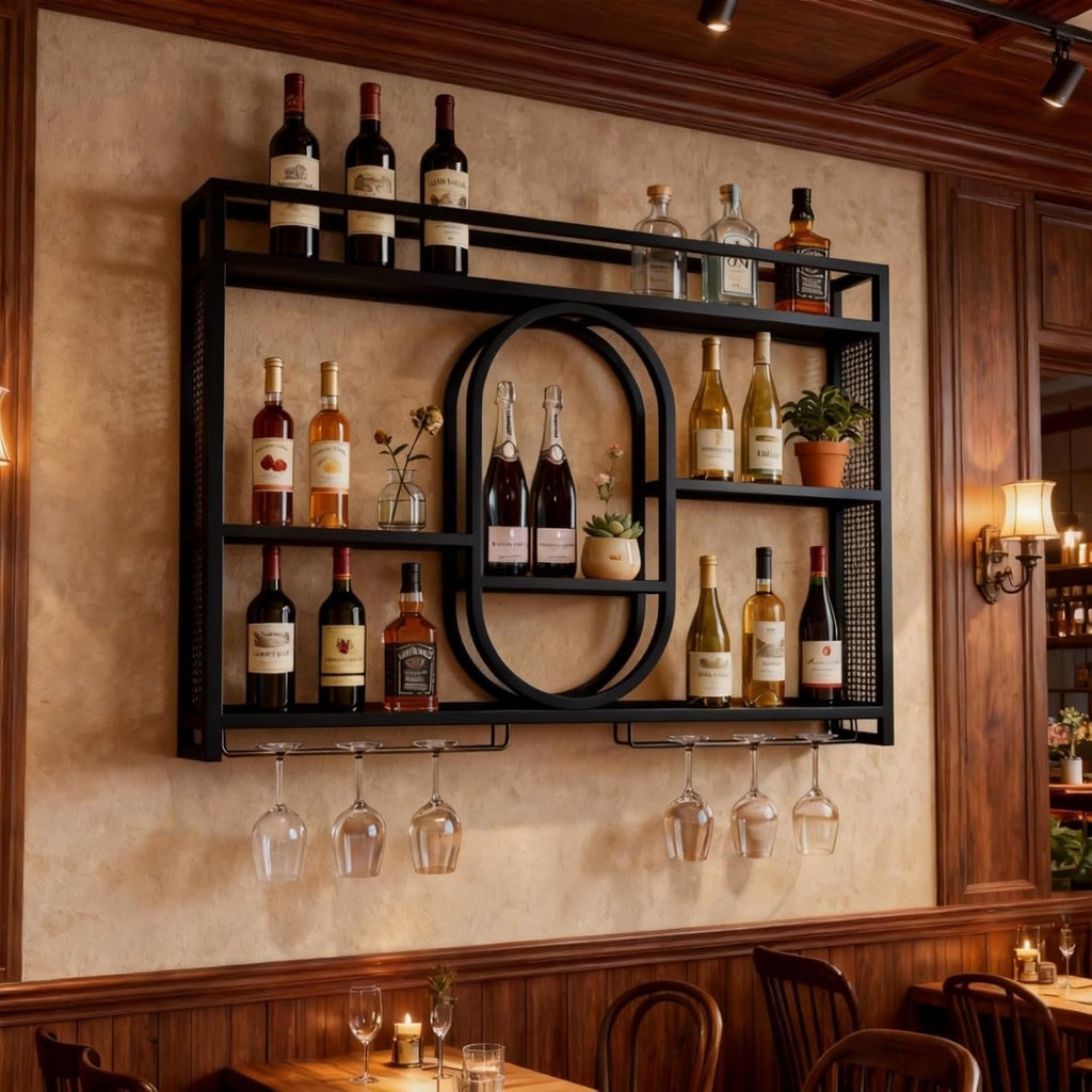 47" Upgrade Metal Wall Mounted Wine Rack, 3 Tier Bar Shelves with Glass Holder, Large Capacity Modern Liquor Shelves for Home Bar, Dining Room & Kitchen, Black