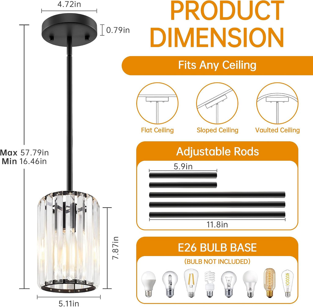 Black Pendant Light, Modern Crystal Pendant Lights Kitchen Island, Kitchen Island Lighting with Adjustable Height, UL Certified Island Lights for Kitchen Dining Room Bedroom Hallway 3 Pack