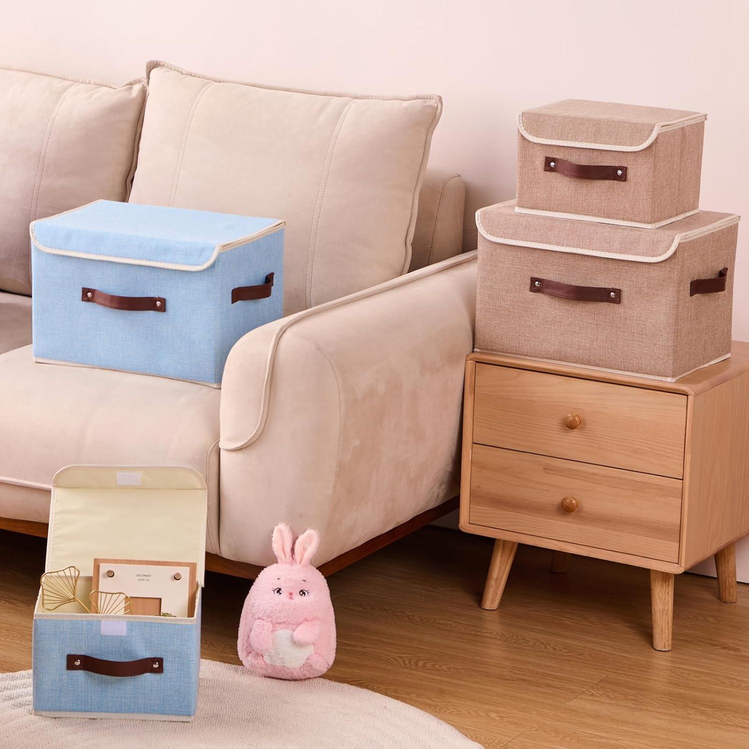 2PCS Storage Boxes with Lid Cotton Linen Fabric Storage Bins Organizer Container Decorative Collapsible Washable Shelf Closet Baskets Faux Leather Handles Home Bedroom (Linen, Large)