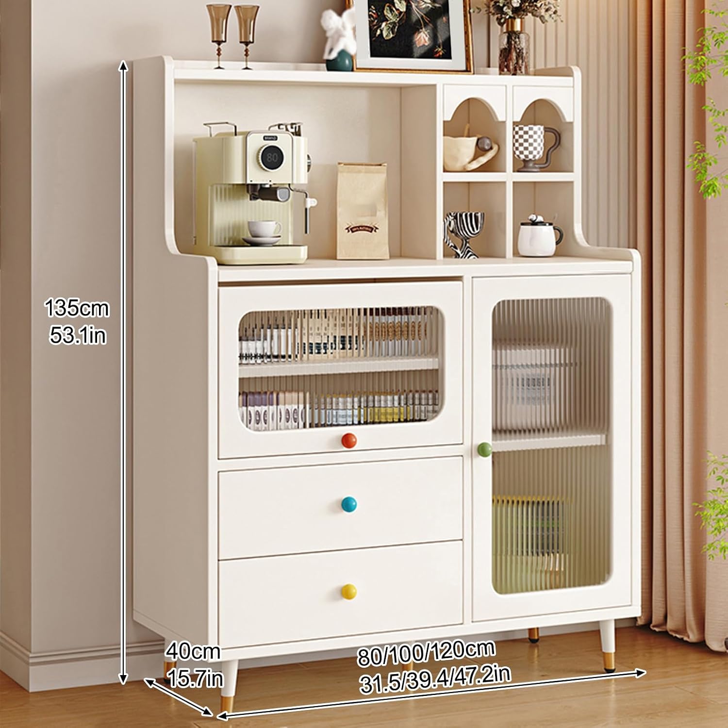 Tall Kitchen Storage Hutch Cabinet, Pantry Cabinet with Storage Drawers, Coffee Bar Workstation, Freestanding Kitchen Cupboard, for Dining Room, Living Room(White,135x100cm/53.1x39.4in)