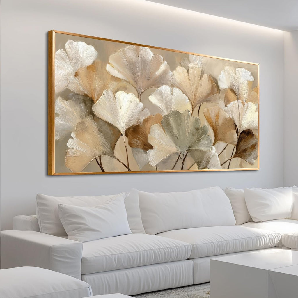 Azatyam Ginkgo Leaf Wall Art Frame Neutral Beige Floral Decor Botanical Nature Picture Ginkgo Leaves Canvas Prints for Living Room Bedroom Office Dining Large Brown Grey Yellow Metal Frame Art 24" x 46"