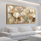 Azatyam Ginkgo Leaf Wall Art Frame Neutral Beige Floral Decor Botanical Nature Picture Ginkgo Leaves Canvas Prints for Living Room Bedroom Office Dining Large Brown Grey Yellow Metal Frame Art 24" x 46"