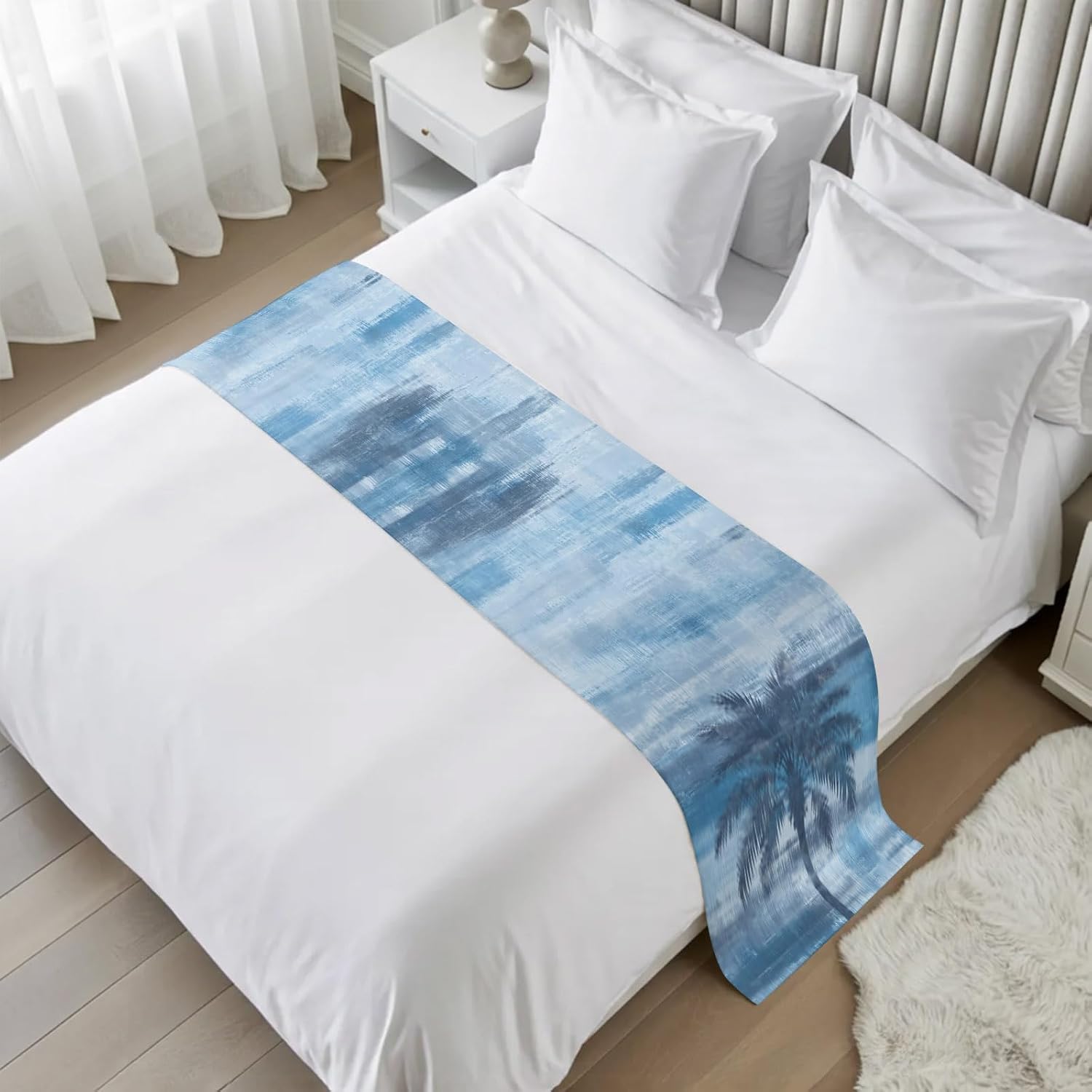 Navy Blue Palm Tree Bed Runner Scarf King Size, Coastal Tropical Trees Vintage Summer Luxury Bed Throw Runners & Scarves for Twin Full Queen King Foot of Beds, Hotel Decoration, 94"x20"