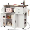 LIKIMIO Kitchen Island with Power Outlet & USB Charging, Rolling Island on Wheels with Drop Leaf, Farmhouse Kitchen Island Cart with Spice Rack, Wine Rack & Glass Holder for Small Kitchen, White