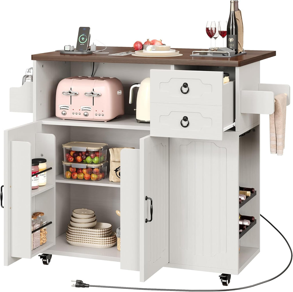 LIKIMIO Kitchen Island with Power Outlet & USB Charging, Rolling Island on Wheels with Drop Leaf, Farmhouse Kitchen Island Cart with Spice Rack, Wine Rack & Glass Holder for Small Kitchen, White