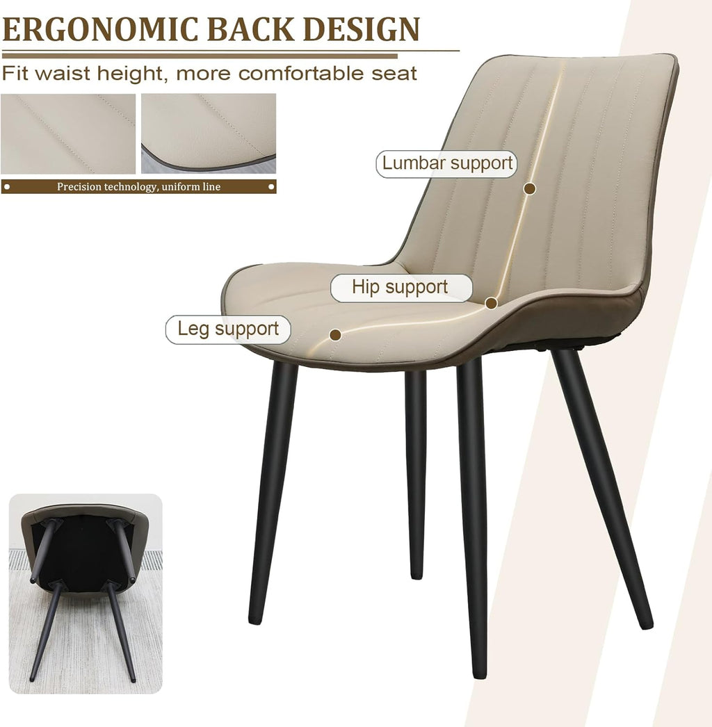 Dining Chairs Set of 6, Leather Modern Kitchen & Dining Room Chairs, Comfortable Upholstered Kitchen Chairs with Metal Legs Armless Side Chairs for Bedroom Restaurant Cafe, Khaki & Dark Grey
