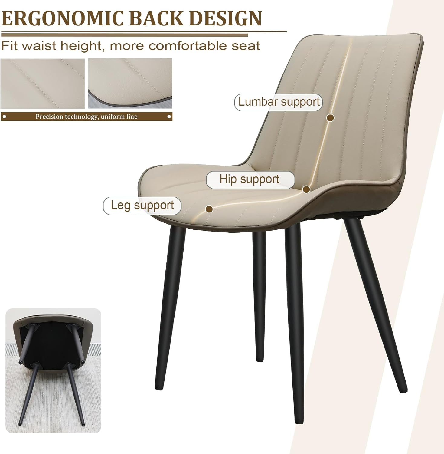 Dining Chairs Set of 6, Leather Modern Kitchen & Dining Room Chairs, Comfortable Upholstered Kitchen Chairs with Metal Legs Armless Side Chairs for Bedroom Restaurant Cafe, Khaki & Dark Grey