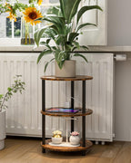 XBurmo Small Round End Table - 3 Tier Design Accent Table, Narrow Side or Bedside Stand, Industrial Vintage Table for Small Spaces, Built-in USB Ports and Power Outlet, Rustic Brown