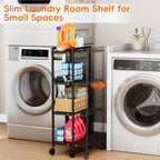 Expandable Slim Storage Cart with Wheels, 4 Tier Narrow Metal Rolling Utility Cart Organizer Adjustable Open Floor Shelving Unit for Small Spaces Bathroom Laundry Room Kitchen