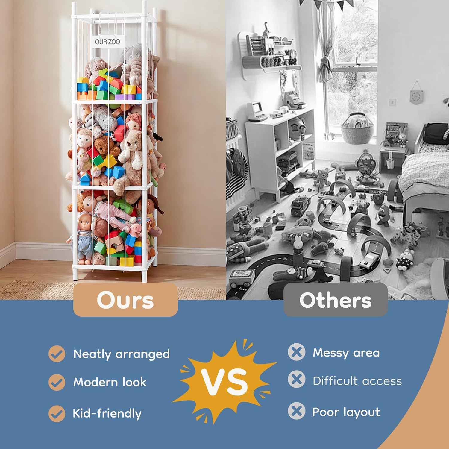 DUMOS Stuffed Animal Storage, 54In Large Stuffed Animal Holder, Plushies Storage with Solid Wood Base&Elastic Cord, Space Save Zoo Toy Organizers for Playroom Bedroom Nursery White