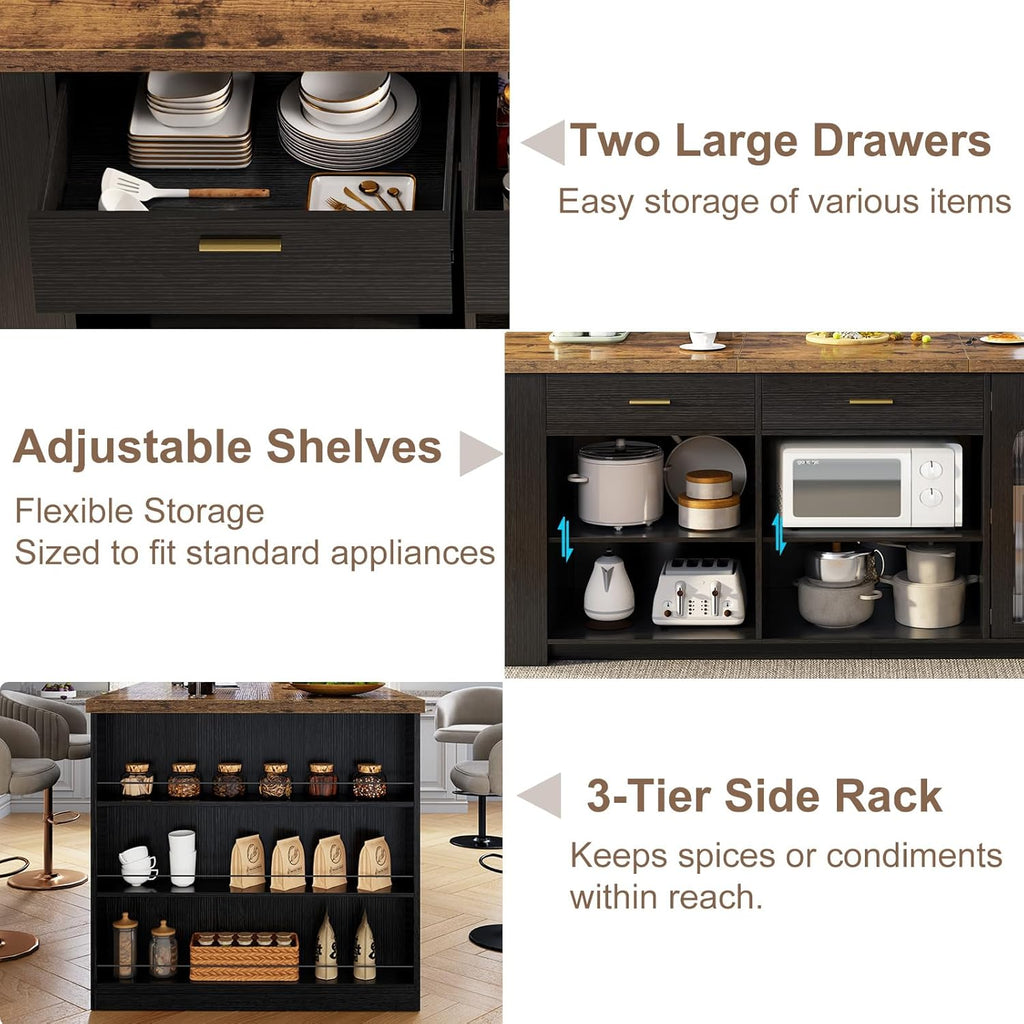 IBF 71" Large Kitchen Island with Storage, Rustic Wood Island Table with Seating for 4-6, Stationary Island Cabinet with Drawers, Fridge Space, Modern Counter Height Island Bar, Rustic Brown and Black