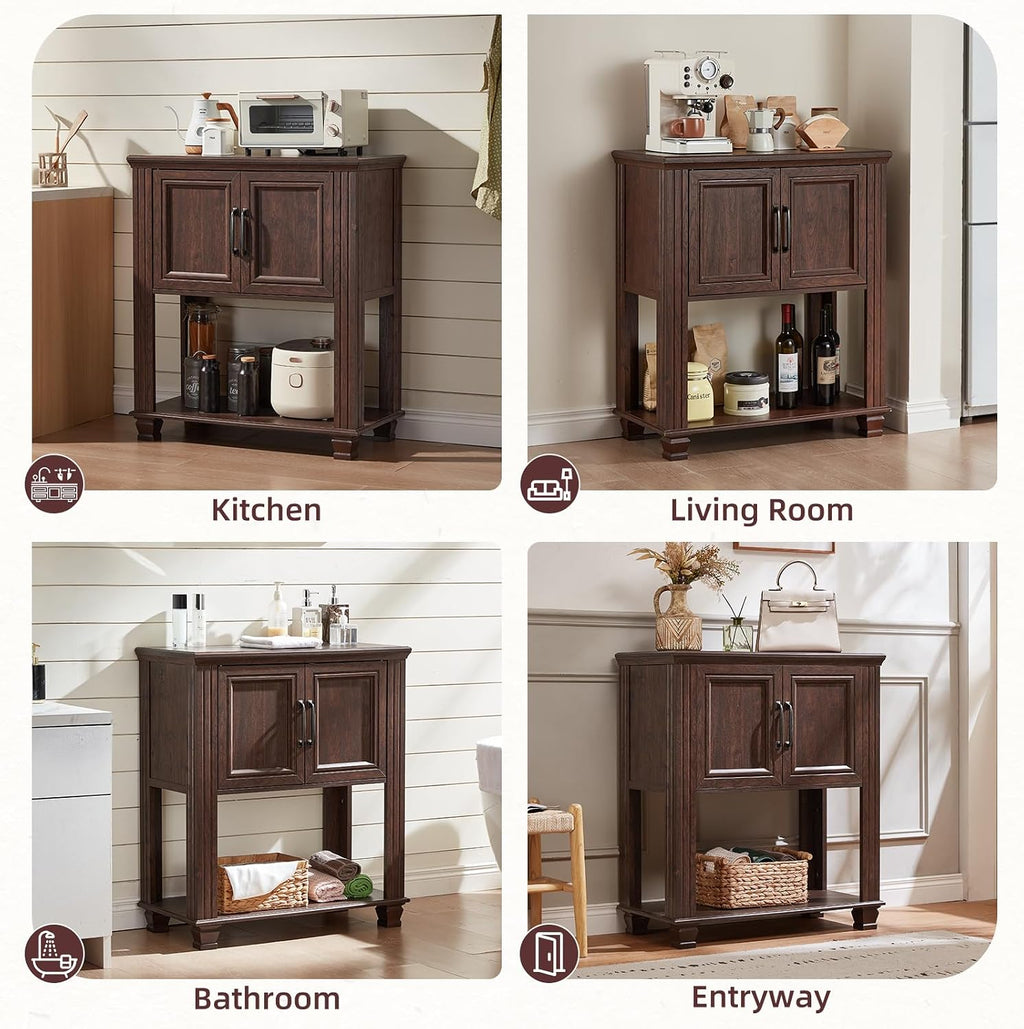 SAVOR LIFE Farmhouse Coffee Bar Table with 2-Door Cabinet, Kitchen Storage Cabinets with Open Shelf, Coffee Station for Dining Room, Kitchen, Hallway, Living Room, Walnut