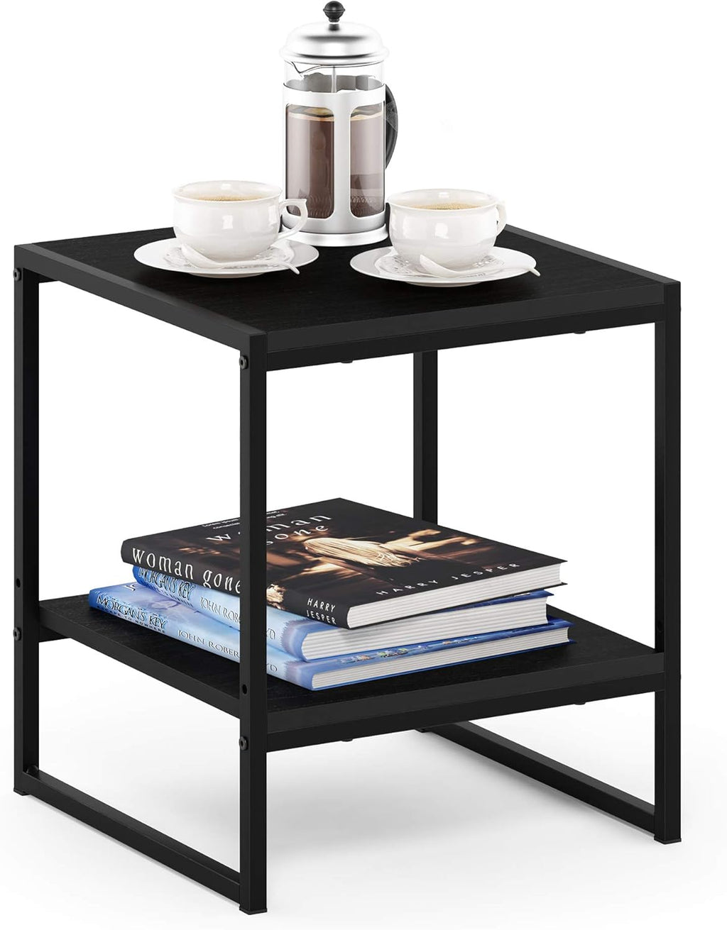 Furinno Camnus Side Table, 2-Tier Black End Table with Metal Frame, Square Night Stand with Open Shelf, Bedside Table, Easy Assembly, for Living Room, Bedroom, Dark Americano