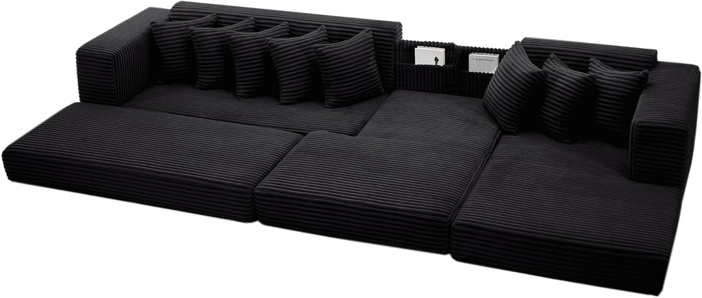 110'' Boneless Couch, Modern Corduroy Couch, Convertible Sleeper Sofa Bed Full, Right L-Shaped Floor Sofa, 8 Pillows, 2 Movable Pockets, Sectional Couches for Living Room, Apartment, Black