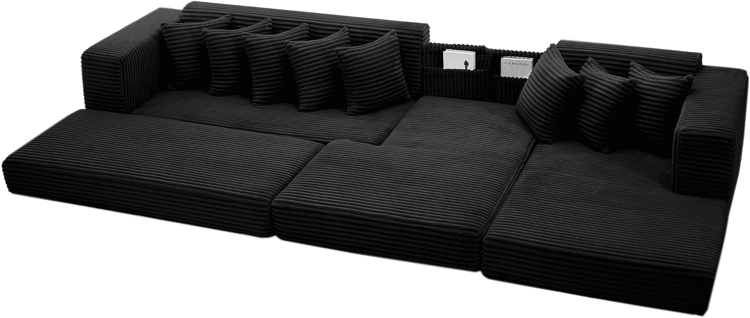 110'' Boneless Couch, Modern Corduroy Couch, Convertible Sleeper Sofa Bed Full, Right L-Shaped Floor Sofa, 8 Pillows, 2 Movable Pockets, Sectional Couches for Living Room, Apartment, Black
