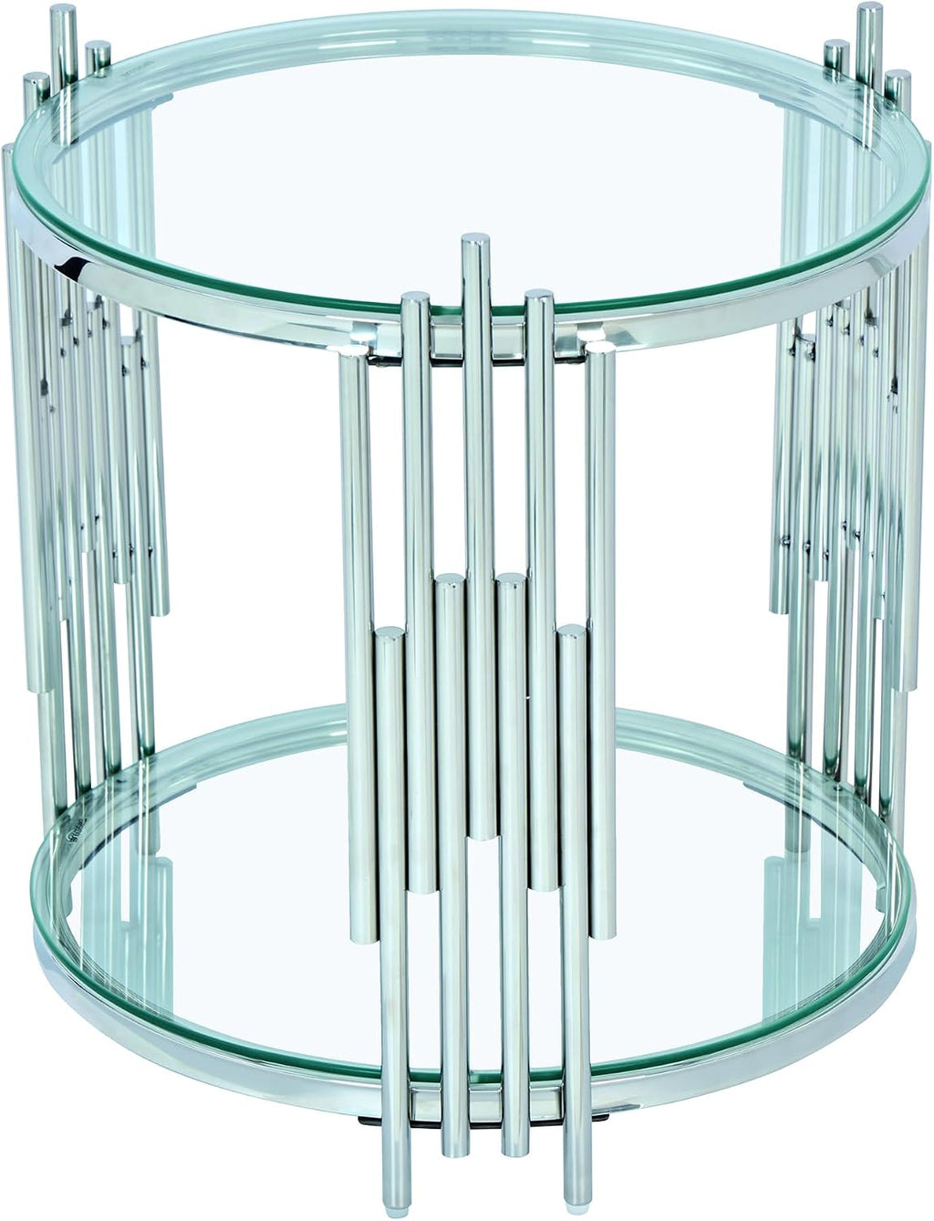 Modern Glass End Table, 19.69" Round Sofa Side Table with Silver Stainless Steel Frame and Clear Glass Top, Cocktail Tea Table, Luxury 2-Tier End Table with Storage Shelves for Home Office