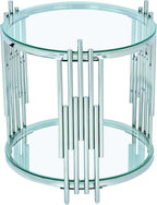 Modern Glass End Table, 19.69" Round Sofa Side Table with Silver Stainless Steel Frame and Clear Glass Top, Cocktail Tea Table, Luxury 2-Tier End Table with Storage Shelves for Home Office