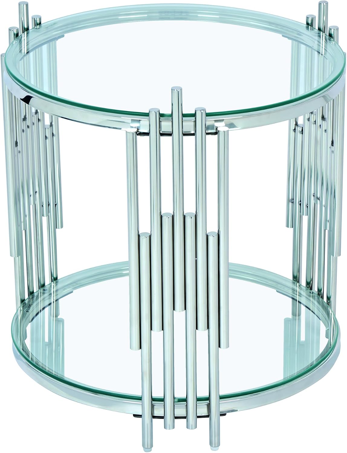 Modern Glass End Table, 19.69" Round Sofa Side Table with Silver Stainless Steel Frame and Clear Glass Top, Cocktail Tea Table, Luxury 2-Tier End Table with Storage Shelves for Home Office