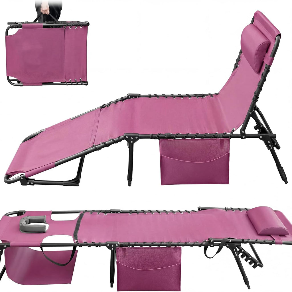 Devoko Beach Lounge Chair, Outdoor Sun Tanning Chair with Face Hole, Heavy Duty Folding Portable Lay Chaise Lounge Chairs for Outside Beach Pool Camping Patio, Pink