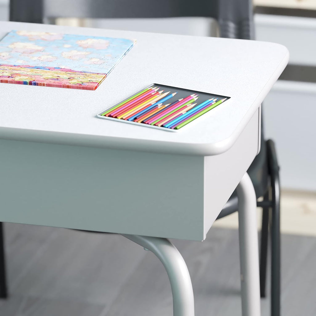 EMMA + OLIVER Buckley Student Desk - Gray Faux Granite Finished Top - Silver Metal Frame - Open Front Book Box - Pencil Storage Grooves