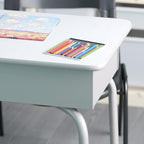 EMMA + OLIVER Buckley Student Desk - Gray Faux Granite Finished Top - Silver Metal Frame - Open Front Book Box - Pencil Storage Grooves