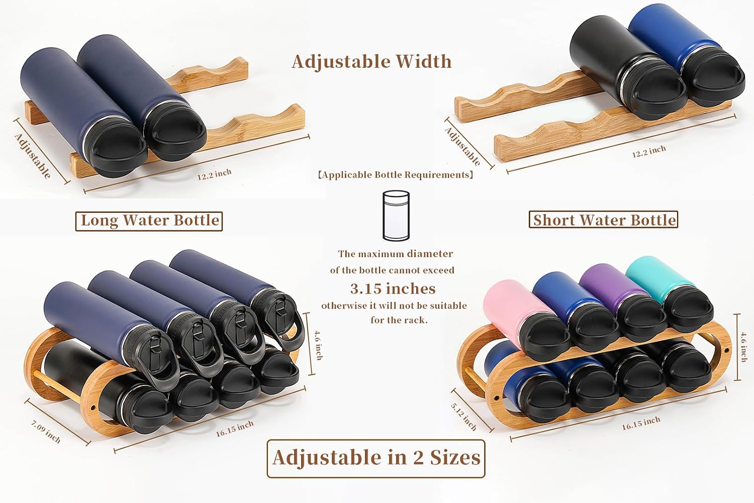 Wine Rack for Cabinet and Countertop - Adjustable in 2 Sizes - 3 Pack (2 Tier + 1 Tier+1 Tier) (Bamboo, Natural)