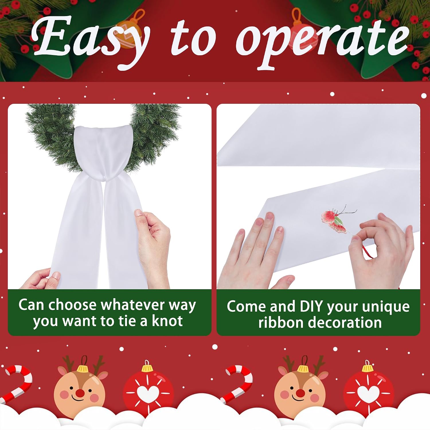 RunNico 4.5" W x 56.3" L White Wreath Sash for Front Door, 2 Pack White Sash, Plain Embroidered Wreath Accessories for Easter Weddings Farmhouses Christmas DIY Halloween Party Yard Wall Doorway Decor