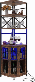 Wine Bar Cabinet with Power Outlet, 6-Tiers Industrial Wine Cabinet with LED Light and Glass Holder, Corner Wine Cabinet with Adjustable Shelf, Liquor Cabinet Bar for Christmas
