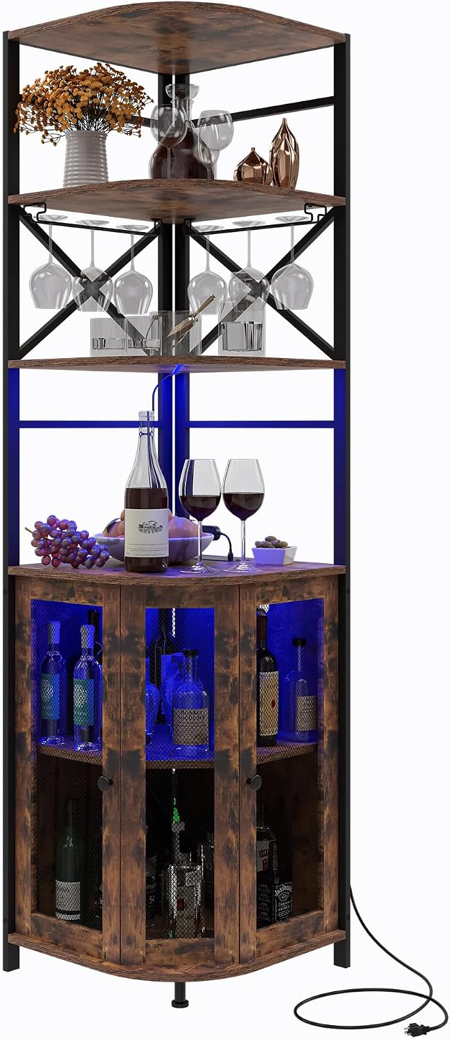 Wine Bar Cabinet with Power Outlet, 6-Tiers Industrial Wine Cabinet with LED Light and Glass Holder, Corner Wine Cabinet with Adjustable Shelf, Liquor Cabinet Bar for Christmas