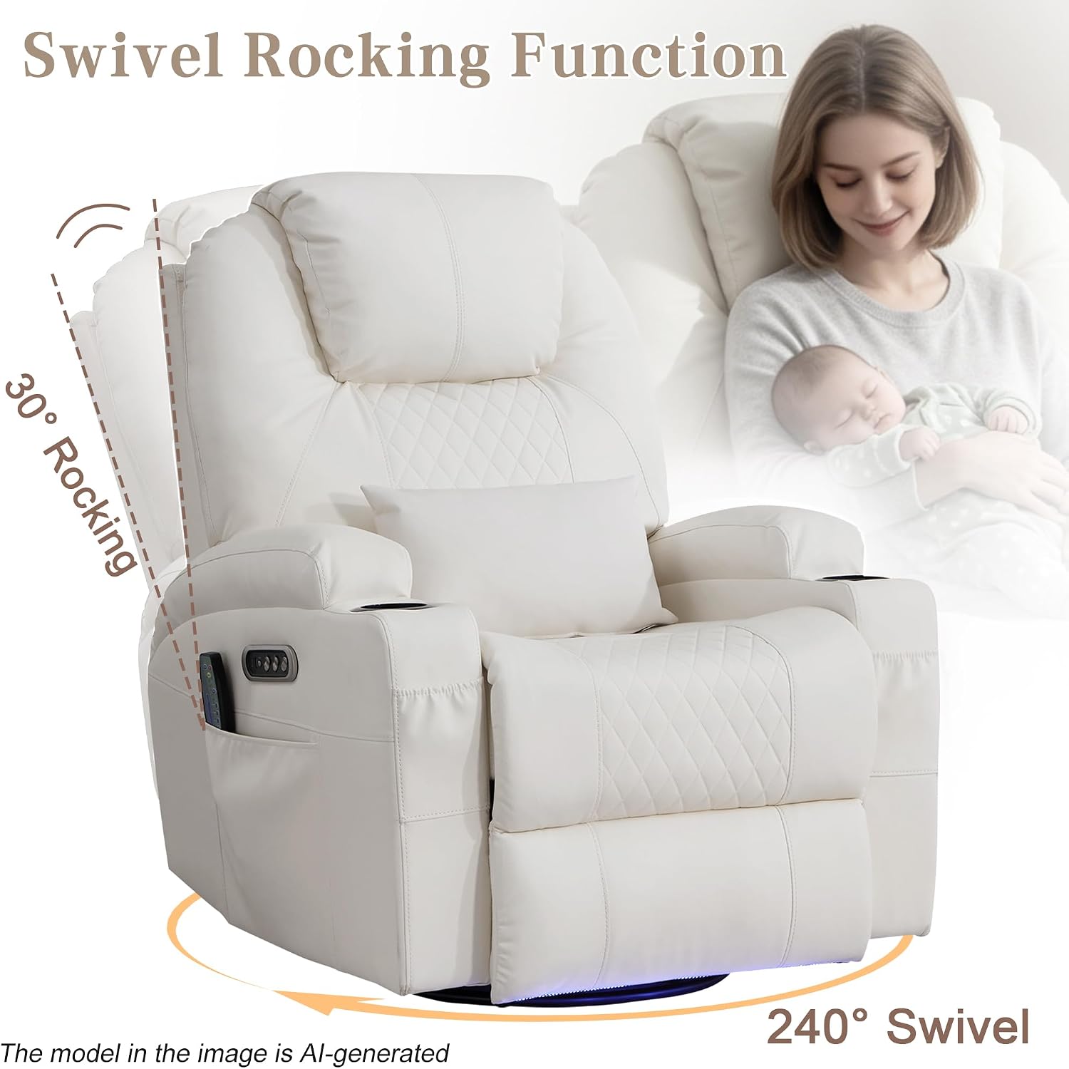 AHMED Rocking Recliner Nursery Chair, Dual Motor Power Swivel Glider Recliner with Heat & Massage, Nursery Recliner Chair with USB A/C Ports, Cup Holders & LED Light for Living Room & Bedroom, Beige