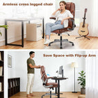 Brown Leather Office Chair with Flip up Arms, High Back Ergonomic Executive Office Chairs with Wheels, 90-120° Rocking Office Desk Chair with Lumbar Support, Swivel Task Chairs