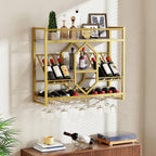 HOOBRO Wall Mounted Wine Rack with LED Light, 31.5" Wine Shelf, 3 Tier Wine Bottle Display Shelf with Glass Holder, Hanging Bar Liquor Storage Rack, for Kitchen, Bar, Gold and White DW73DBJ01