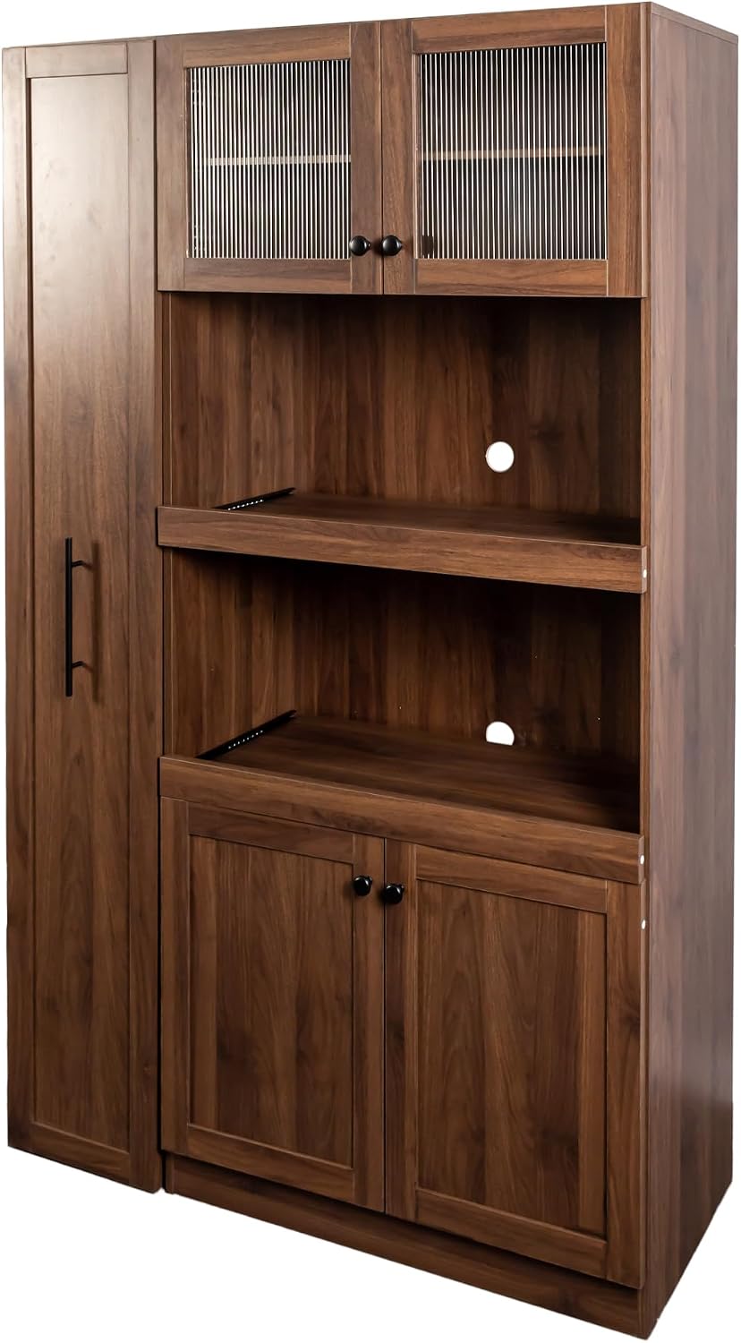 roomfitters Kitchen Pantry Cabinet with Multi-Tier Pull-Out Shelves, Farmhouse Storage Cupboard with 4 Doors, Microwave Shelf & Organizers, Walnut