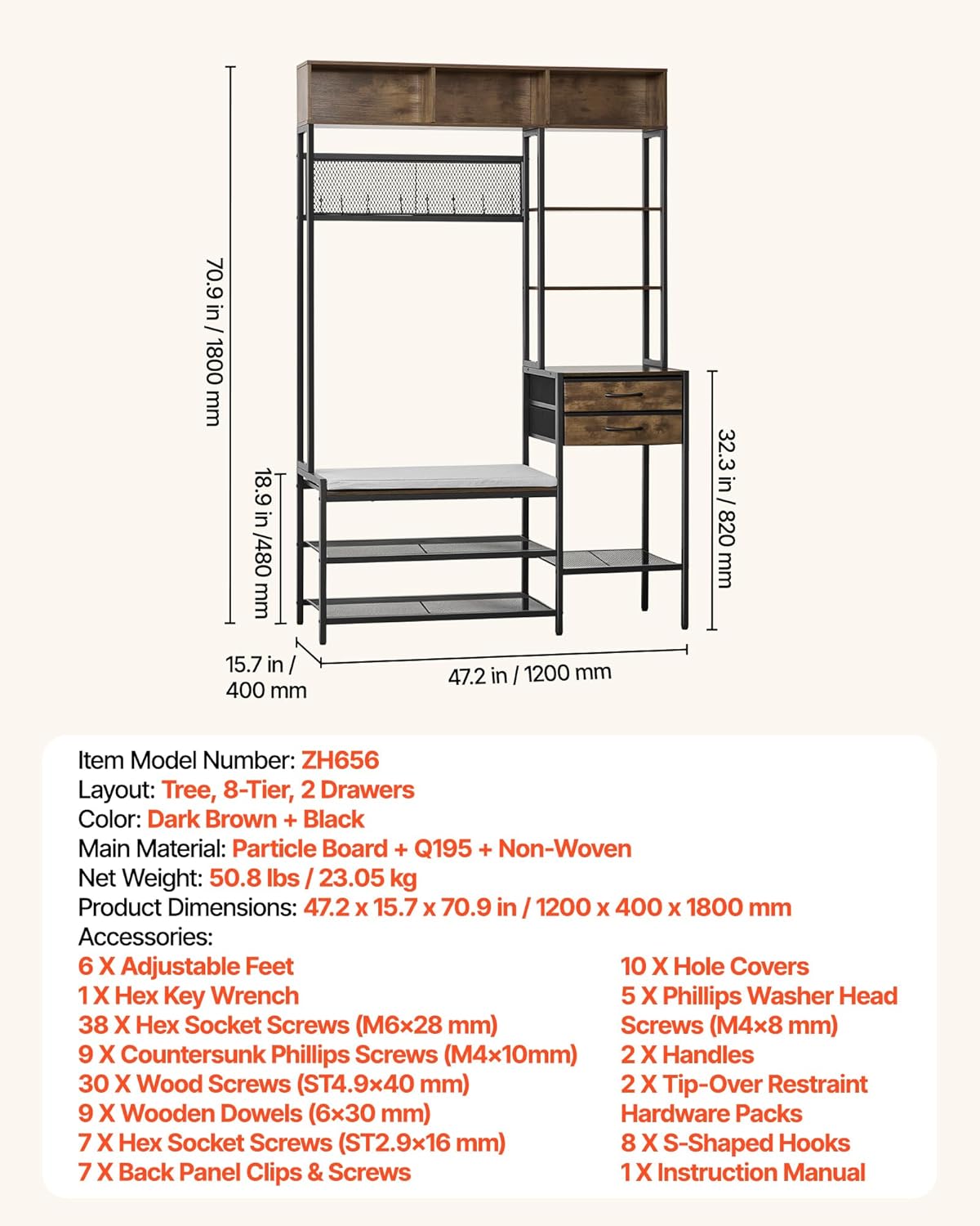 VEVOR Hall Tree with Bench and Shoe Storage, Entryway Bench with Coat Rack, 2 Drawers, 3 Storage Cubbies, 3 Open Shelves, Coat Hooks with Soft Cushion for Entryway, Hallway