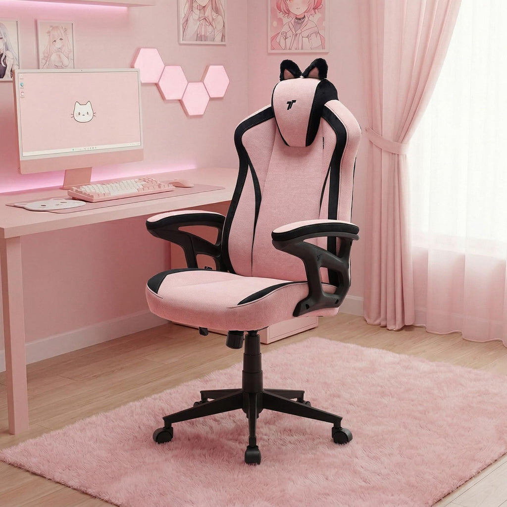 TTRACING Duo V4 Pink Gaming Chair with Wearable Cat Ears, Ergonomic Home Office Computer Desk Chair, Breathable Air Threads Fabric and Faux Leather, 135° Recline, 280lb Capacity, Kitty Puff