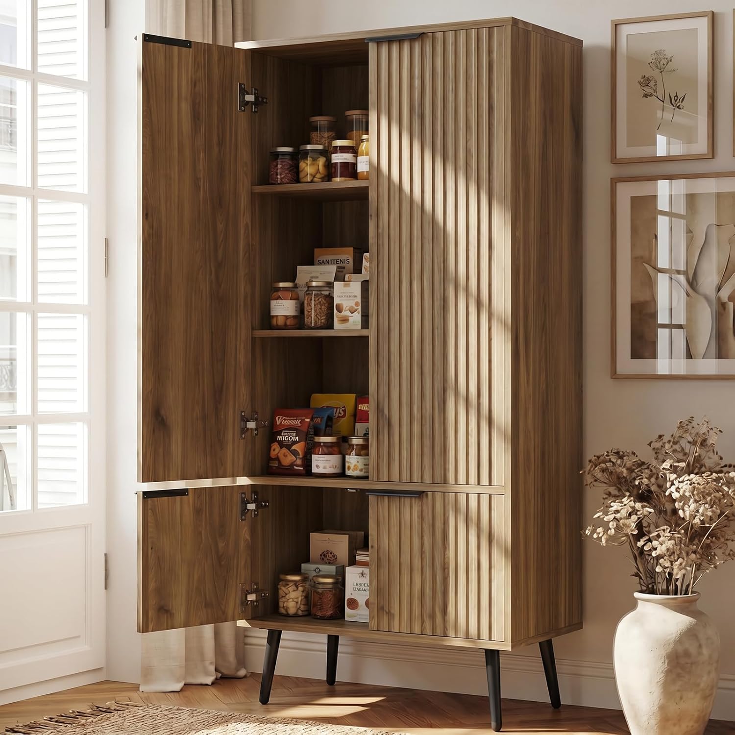 Oak Fluted 51" Tall Wooden Kitchen Pantry Storage Cabinet Food Organize with Adjustable Shelves, Modern Accent Cabinet Sideboard Buffet for Dining Room, Entryway, Bathroom, Home Office