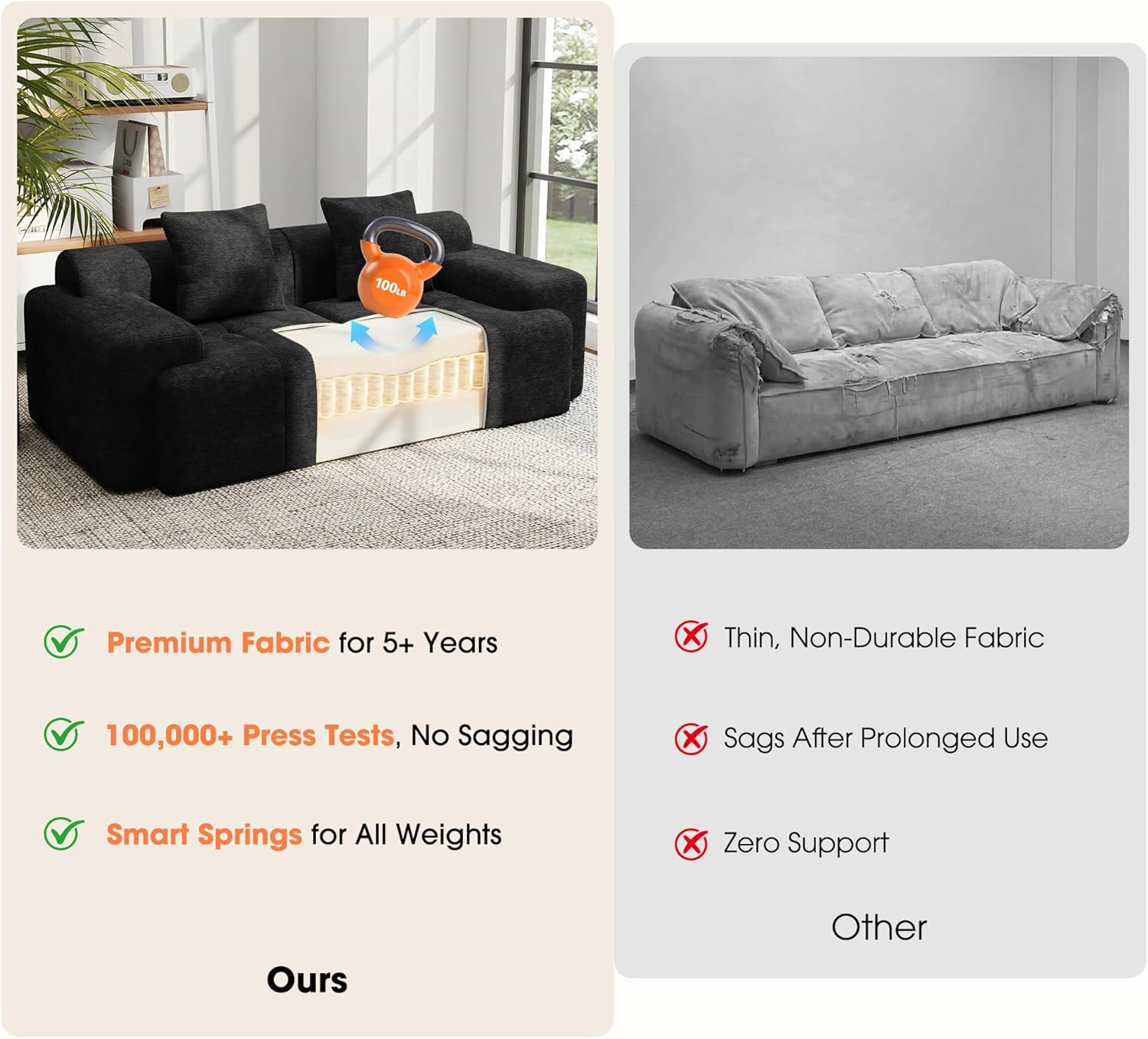 83.5" Boneless Loveseat with Ottoman, 30" Deep Seat Modular Sofa, Cloud Comfy Couches for Living Room, Apartment, Bedroom, No Assembly Required (Dark Gray)