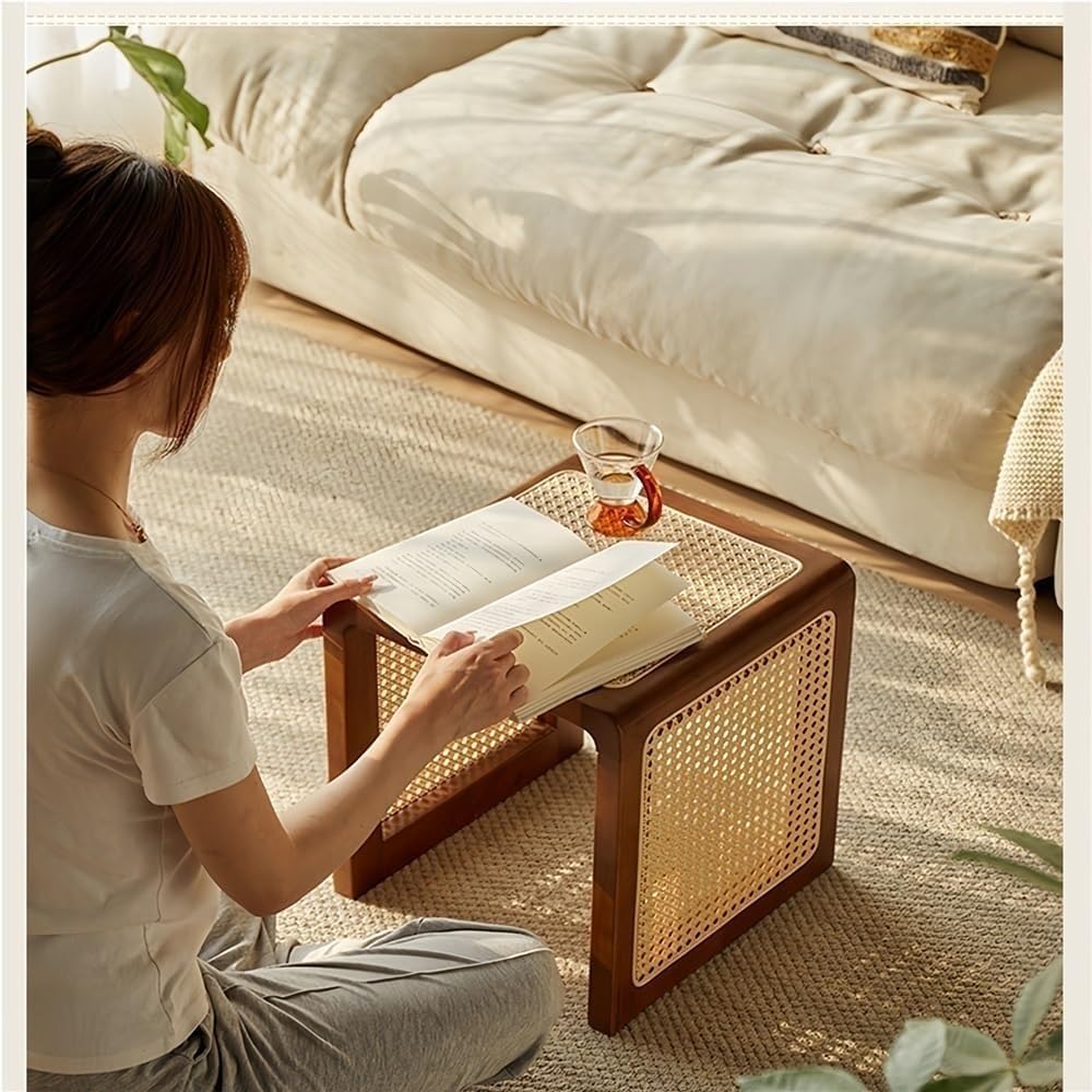 Square Rattan Side Table Modern Small Wooden Coffee Table Wood and Hand-Woven Rattan End Table Nightstand for Living Room Long Lasting