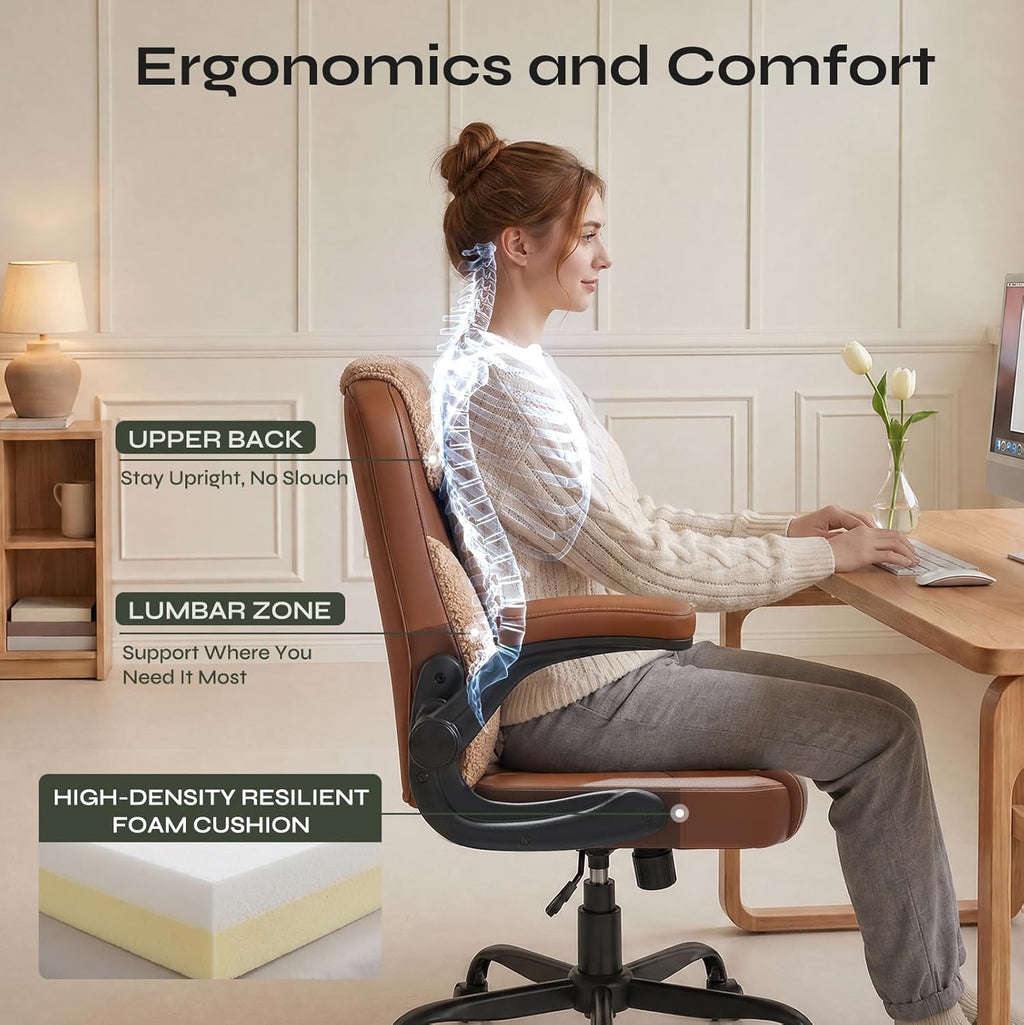 Pinmoco Comfortable Home Office Chair for Long Hours Sitting, Ergonomic Desk Chair with Teddy Fleece & PU Leather, Adjustable Swivel Computer Chair for Work from Home, Bedroom and Vanity Space, Brown
