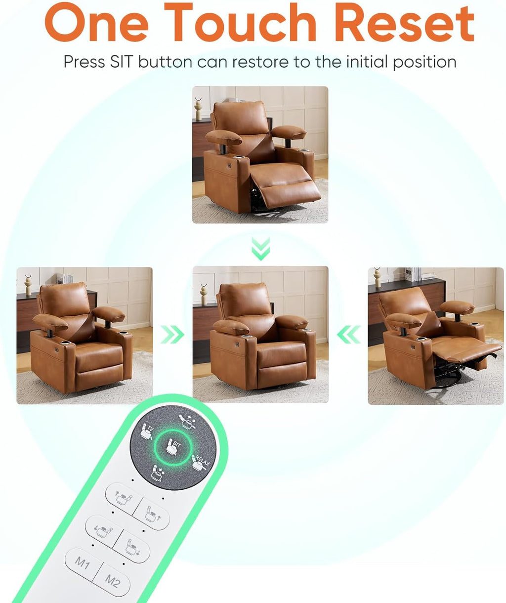 270 Swivel Rocker Recliner with Adjustable Memory Armrests, Oversized Power Nursery Recliner with Heating and Massage, Rocking Chair with One-Touch Reset, Double Cup Holder, Faux Leather, Camel