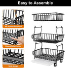 3 Tier Rolling Pantry Floor Organizers and Storage Cart with Wheels, Stackable Wire Fruit Basket Stand for Kitchen Organization, Three Tiered Pantry Storage Rack for Snack, Vegetable, Produce, Fruits