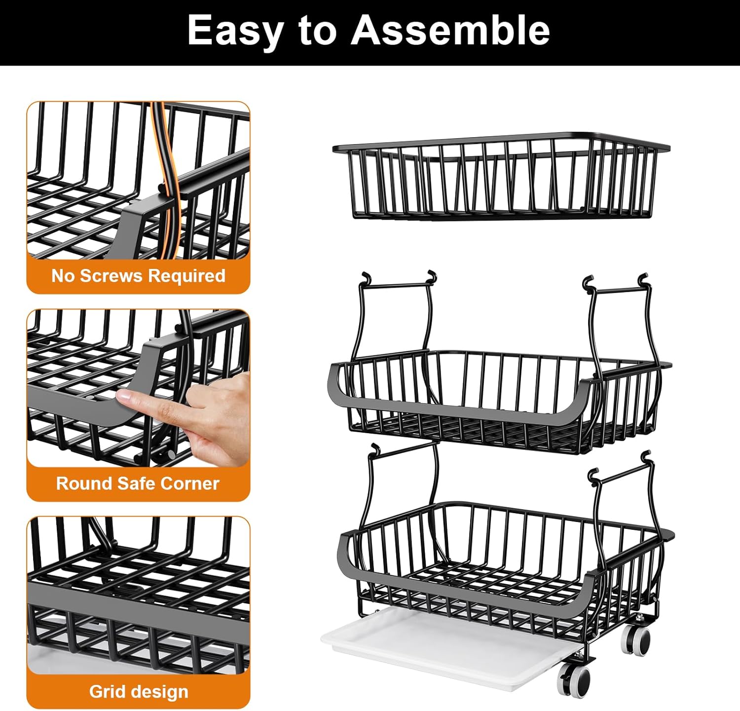 3 Tier Rolling Pantry Floor Organizers and Storage Cart with Wheels, Stackable Wire Fruit Basket Stand for Kitchen Organization, Three Tiered Pantry Storage Rack for Snack, Vegetable, Produce, Fruits